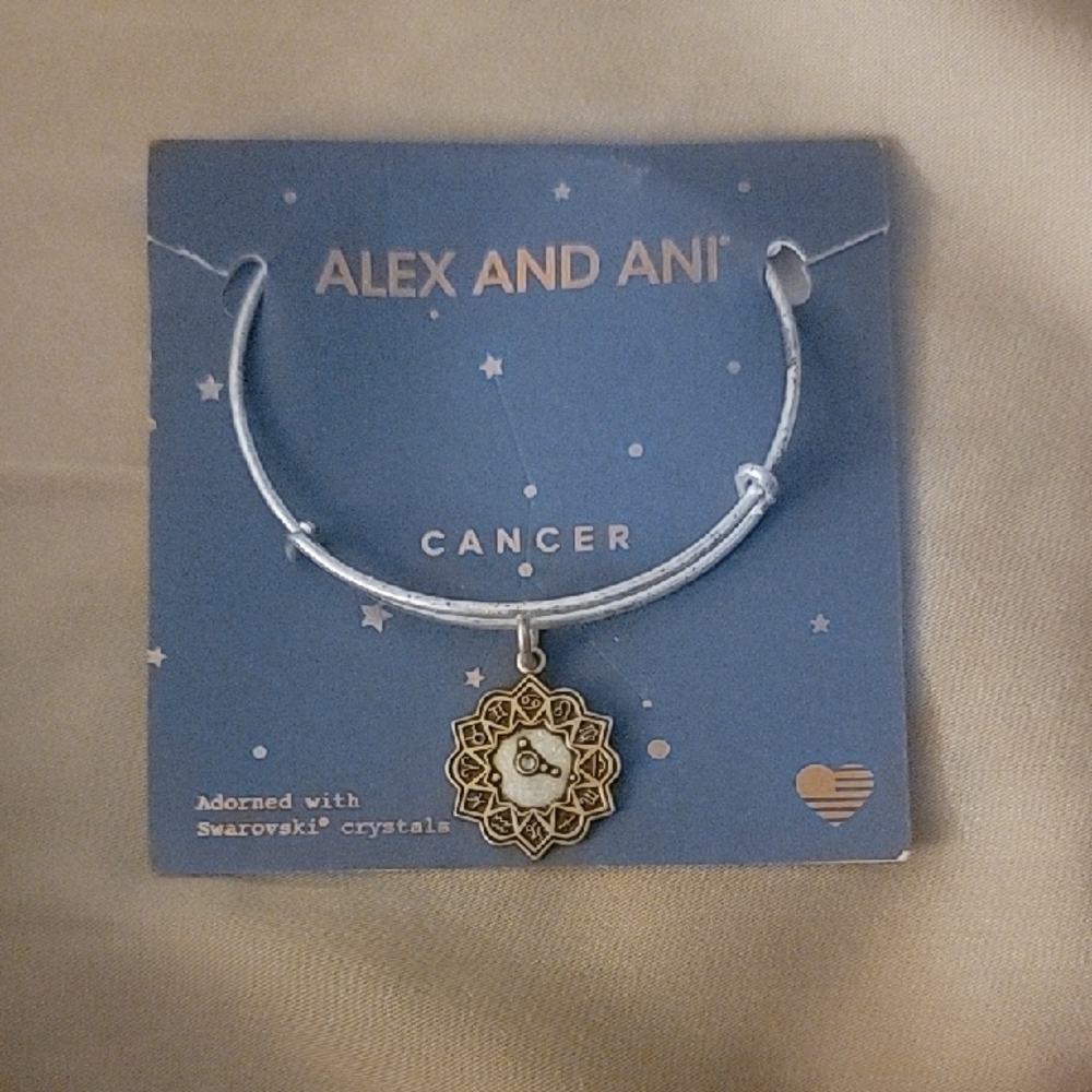 Alex and Ani Silver Cancer Zodiac Charm Bangle with Gold-Tone Accent
